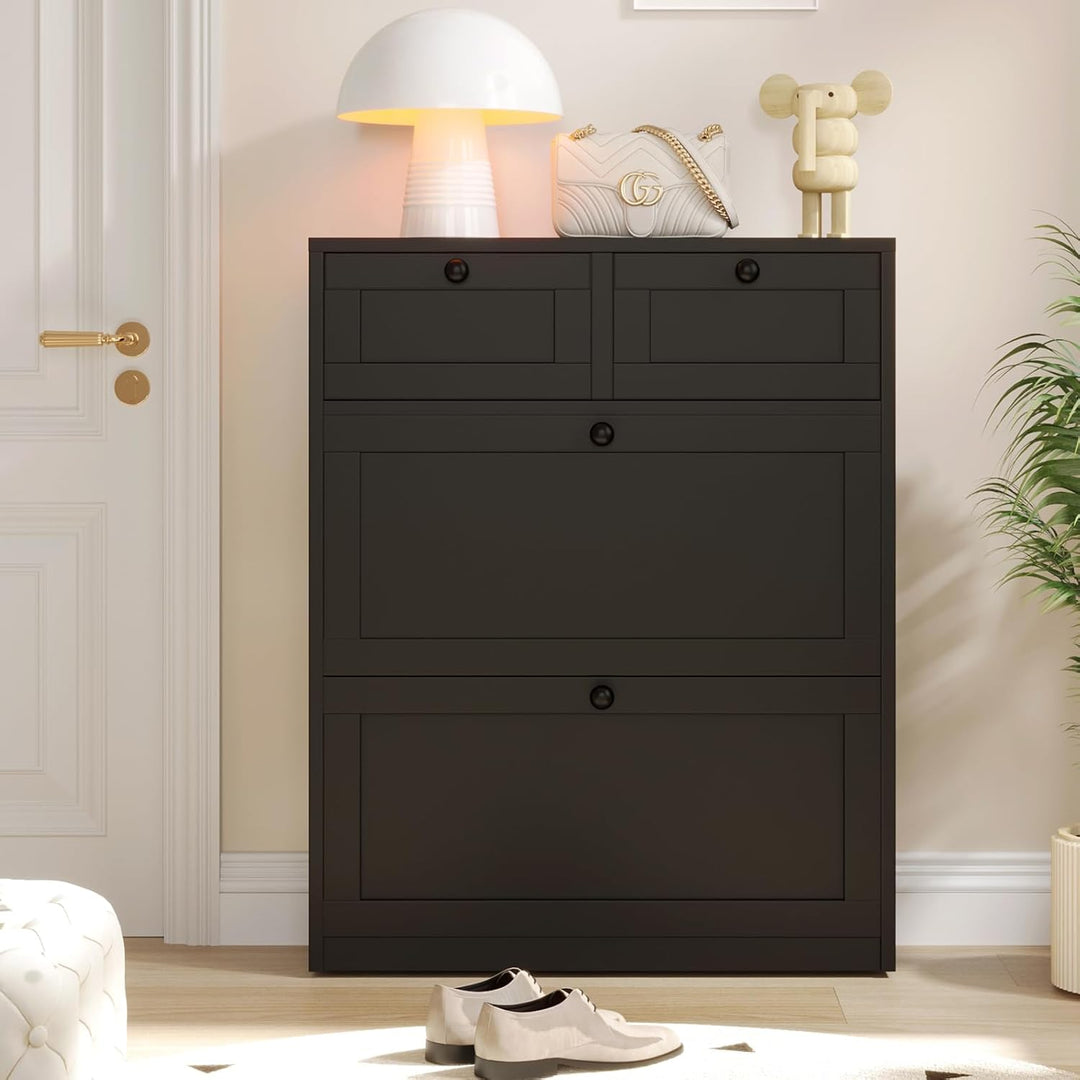 VOWNER Schuhschrank mit 2 Klappen, Schuhregal Schuhkipper Schmal, Schuhschrank Schwarz, Schuhablage