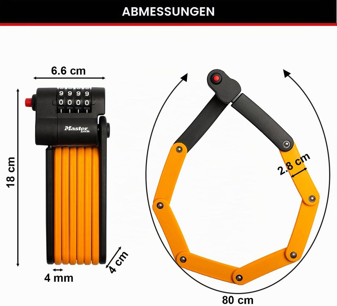 Master Lock Kombinations-Faltschloss Gehärtete Stahlglieder, inkl. Halterung und Befestigung, 80cm K
