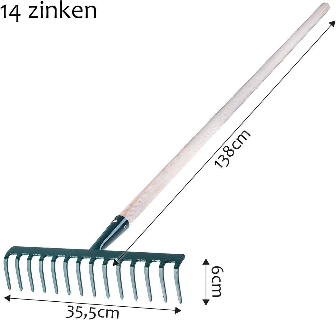 KADAX Rechen aus Metall, Flache Harke mit Stiel aus Holz, Laubbesen für Garten, Beet, Laubrechen, Ra