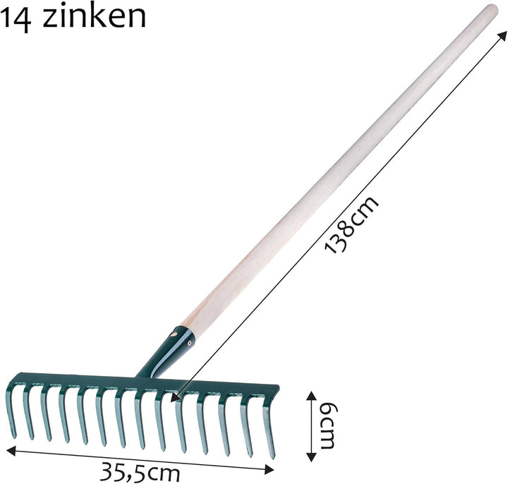 KADAX Rechen aus Metall, Flache Harke mit Stiel aus Holz, Laubbesen für Garten, Beet, Laubrechen, Ra