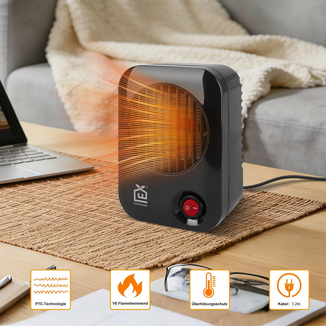 Mini Elektrischer Heizlüfter 600W, Kleiner PTC Tischheizgerät mit Überhitzungsschutz und V0-Flammsch