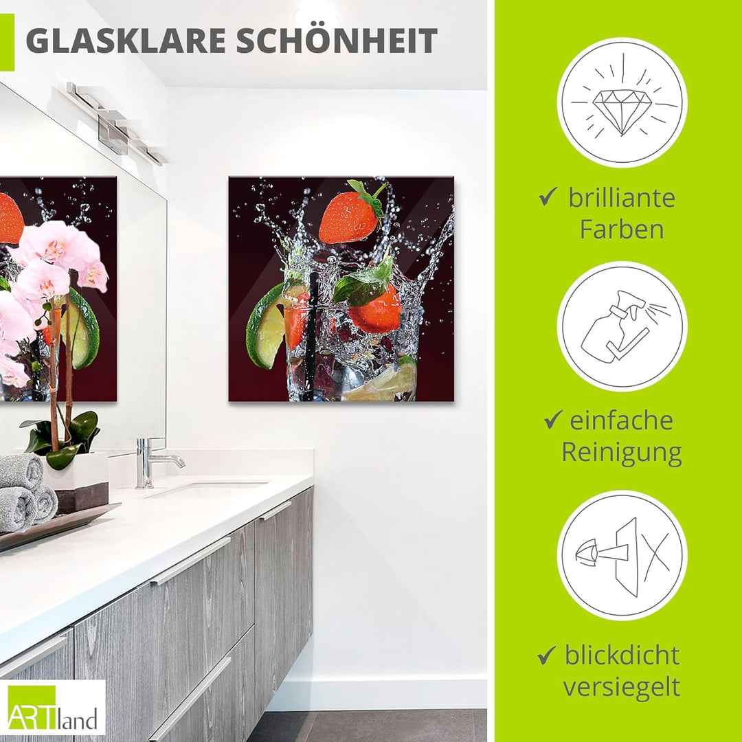 ARTland Wanddeko Glasbilder Wandbild Glas Bild einteilig Quadratisch Früchte im Wasser Cocktails Fru