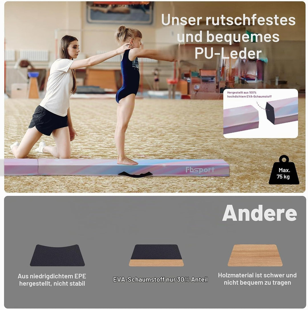 FBSPORT Schwebebalken Kinder, PU-Leder Faltbarer Balken Turnen Balance Beam Klappbarer Turnbalken Gy
