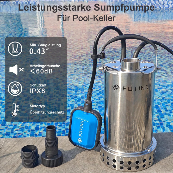 FOTING Edelstahl Tauchpumpe 900 W, 13.000 l/h, Förderhöhe bis 9 m, Eintauchtiefe bis 7 m, mit Schwim