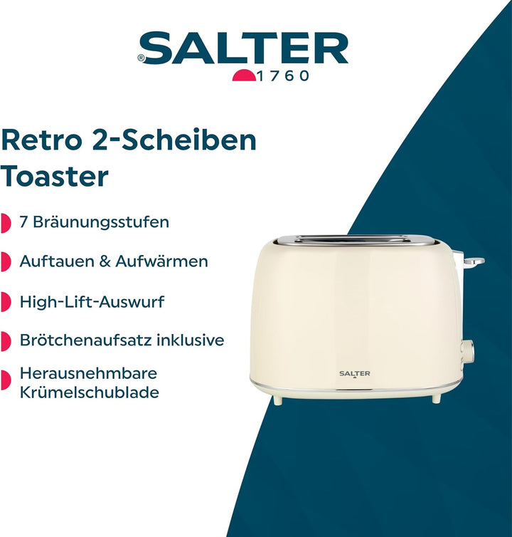 Salter Retro Creme 2-Scheiben-Toaster - 7 Bräunungsstufen, Auftauen, Aufwärmen & Abbrechen, High-Lif