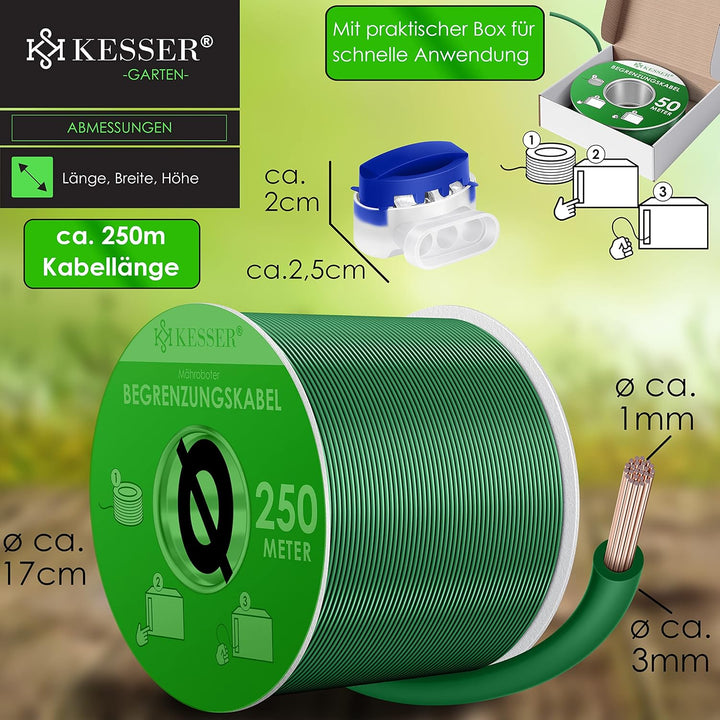 KESSER® Begrenzungskabel 250m + 12 Kabelverbinder für Mähroboter Rasenmäher Rasenroboter Zubehör Set
