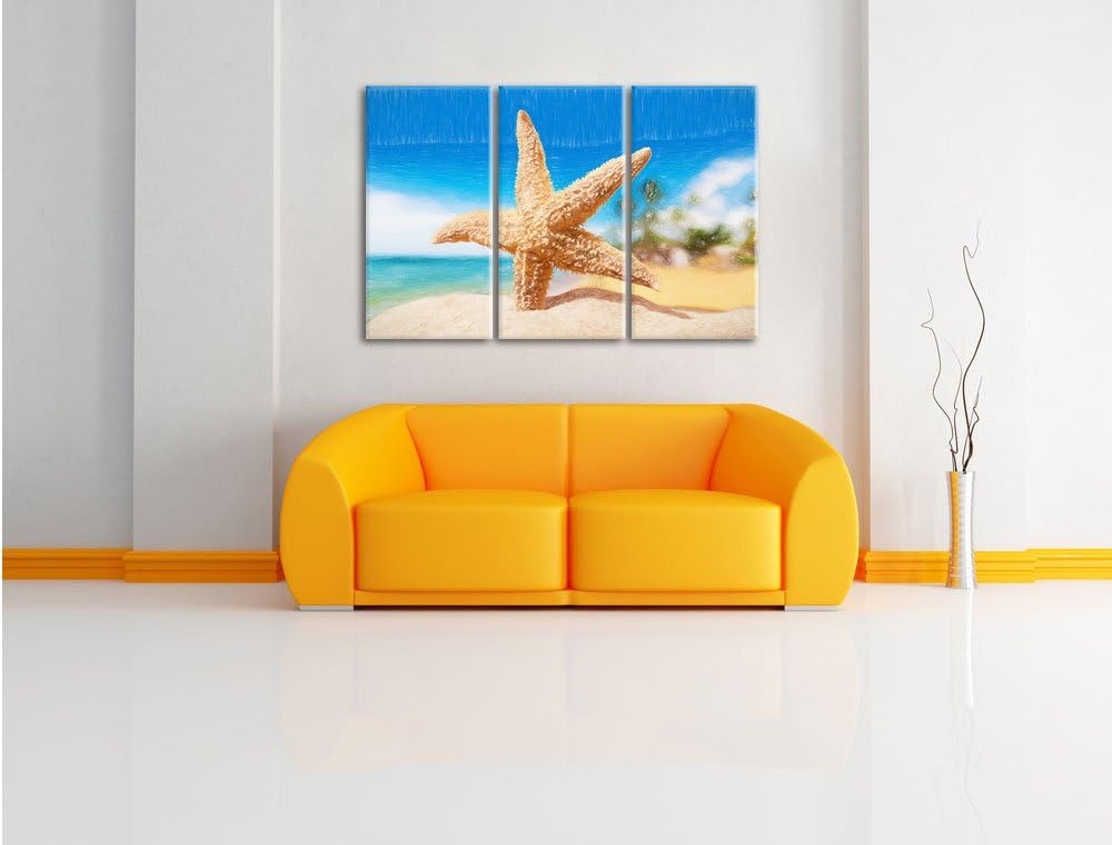 Pixxprint Seestern im Sandstrand von Palm Beach Kunst Buntstift Effekt 3-Teiler Leinwandbild 120x80
