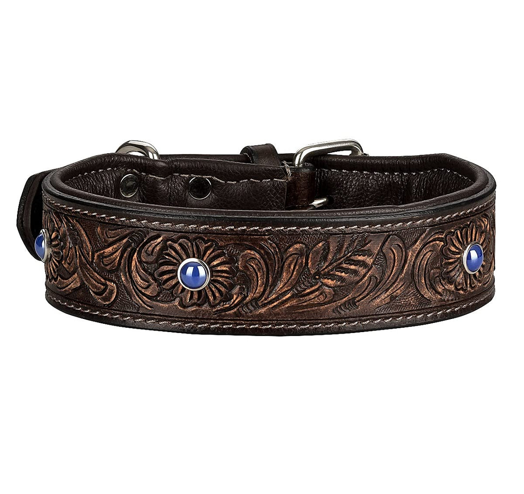 MICHUR Antonio Hundehalsband Leder, Lederhalsband Hund, Halsband, BRAUN, Leder, mit blauen Steinchen