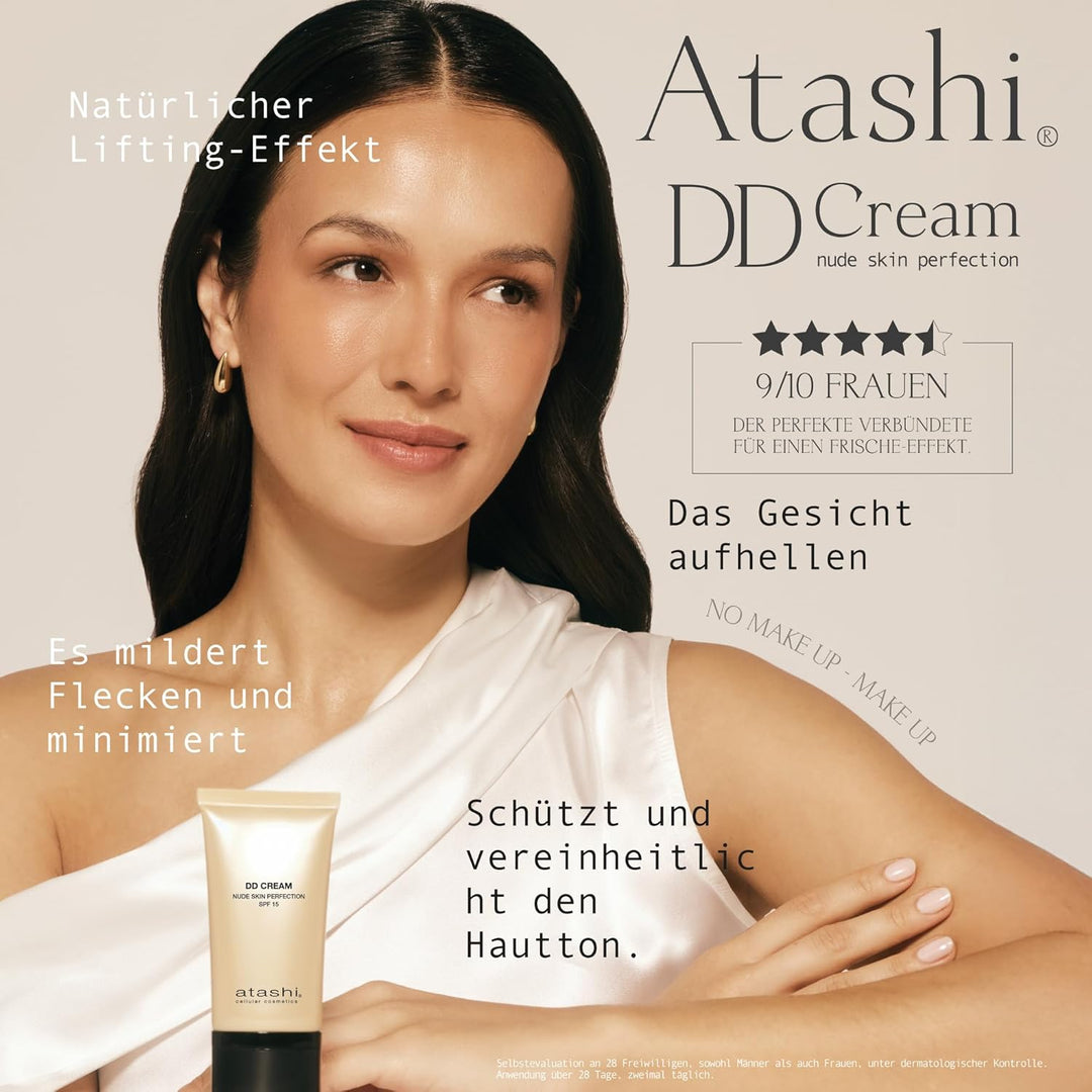Atashi Anti-Aging DD-Creme. Anti-Aging-Behandlung mit Farbe. Kein Make-up - Make-up. Reduziert Unrei