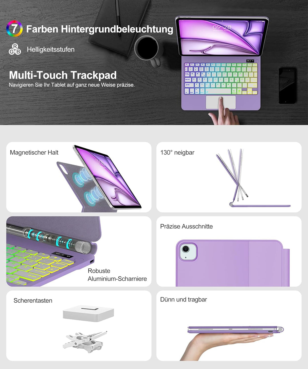 JADEMALL Magic Keyboard für iPad Air 11“ (M3 2025/M2 2024) – Mit 7-Farben RGB Beleuchtung, Präzision