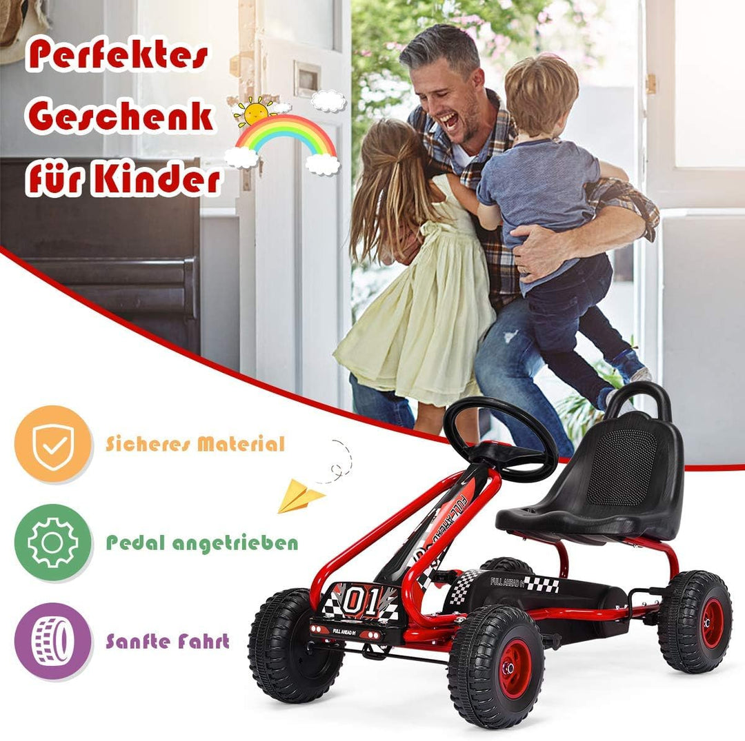 FANTASK Gokart mit verstellbarem Sitz, Go Cart mit Handbremse, Tretauto bis 30 kg belastbar, Kinderf