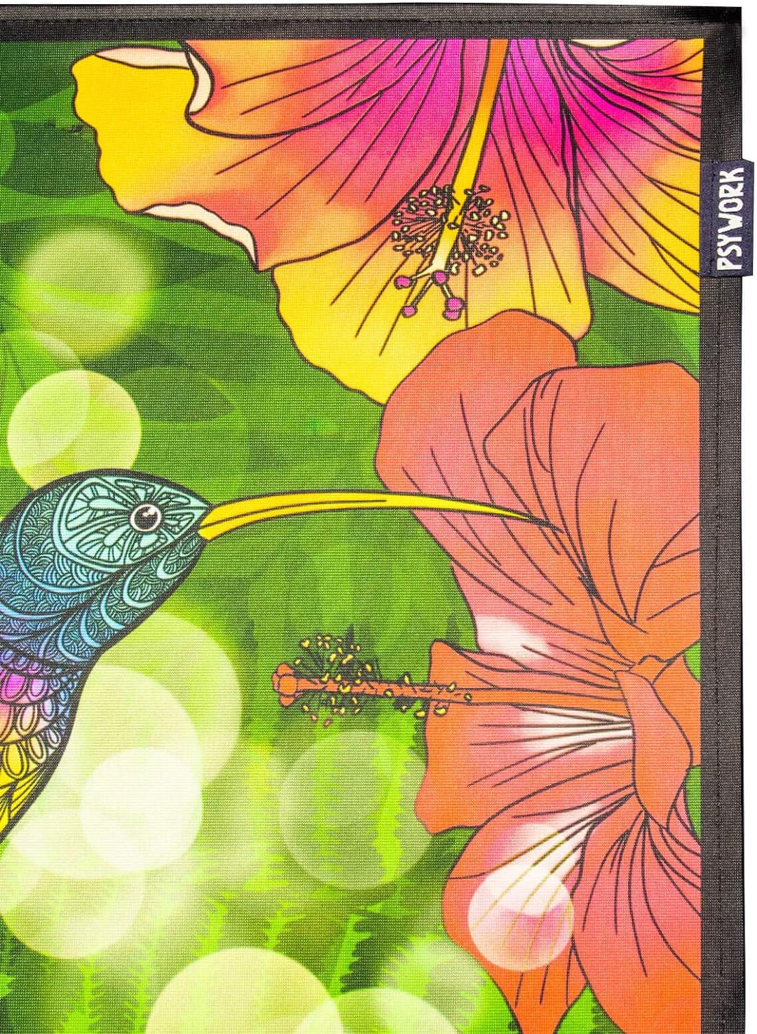 PSYWORK Schwarzlicht Stoffposter Neon | Kolibri Hibiskus Flower | 0,5 x 0,7m | UV-aktiv | fluoreszie