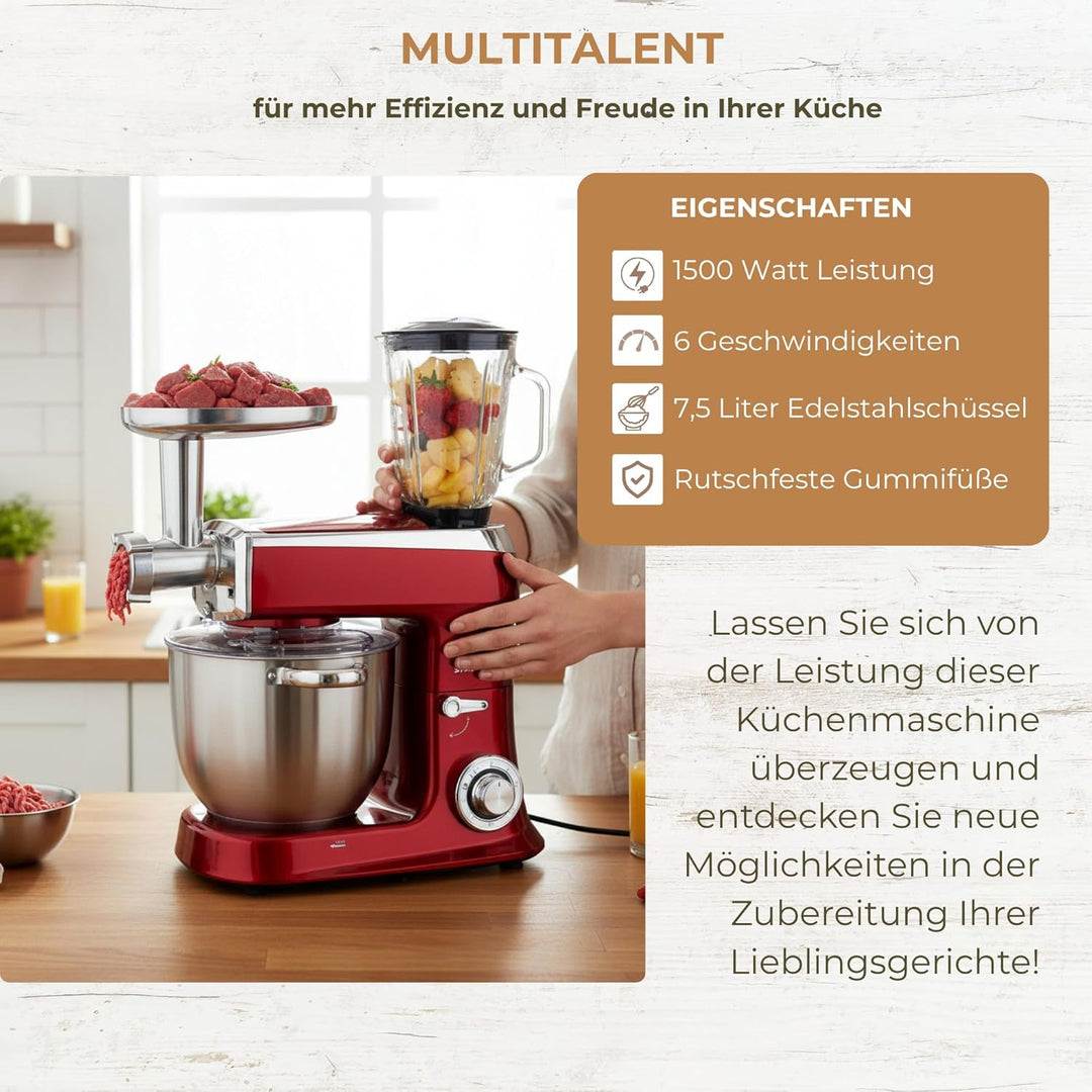 Syntrox Germany Küchenmaschine Wasas Mixen & Zerkleinern 7,5 Liter, Mixer und Fleischwolf in einem,