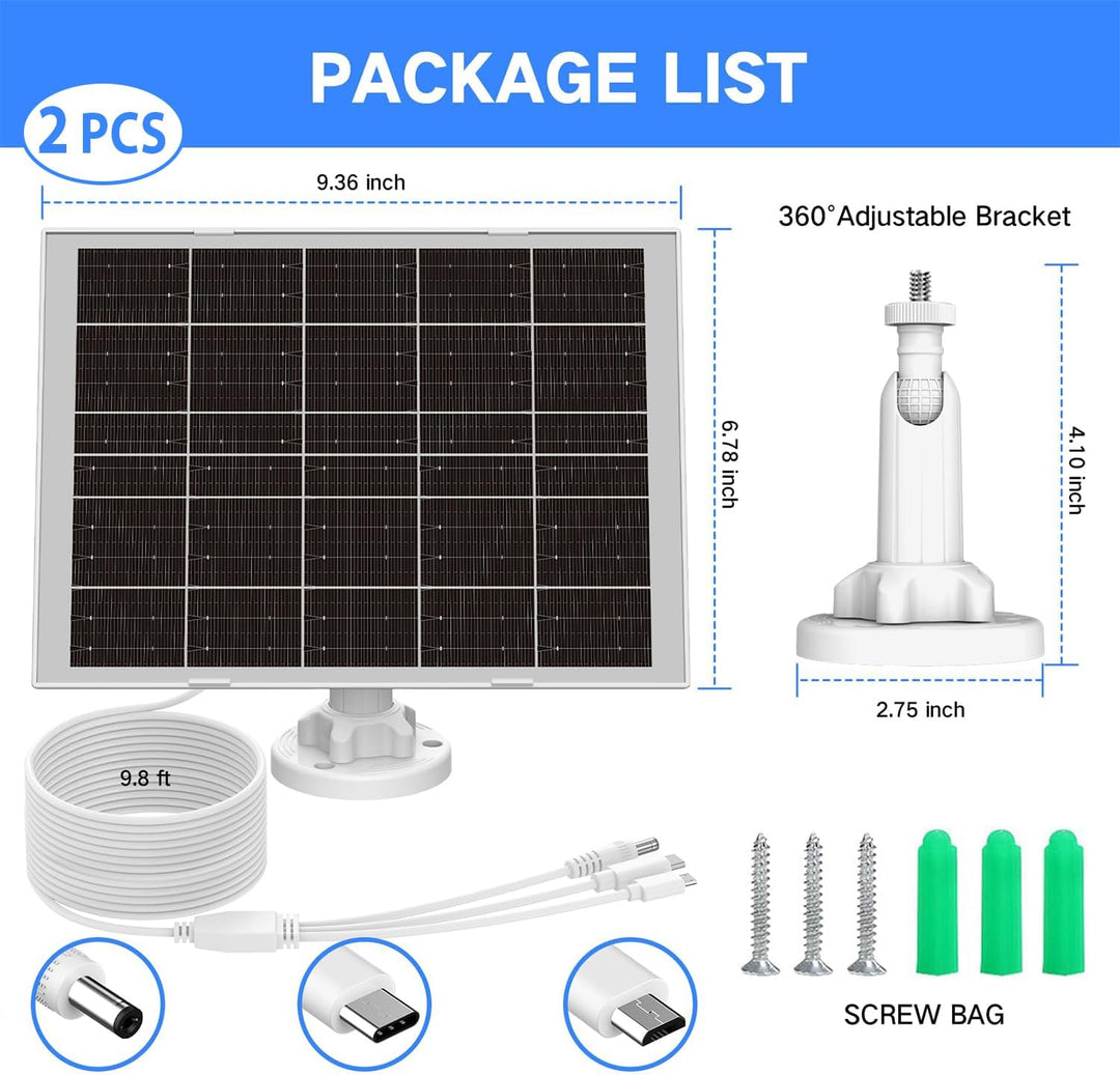 8W Solarpanel für Überwachungskamera Aussen Akku – Solar Panel mit 3‑in‑1 USB‑C/Micro/DC, inkl. 360°