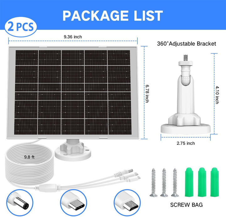 8W Solarpanel für Überwachungskamera Aussen Akku – Solar Panel mit 3‑in‑1 USB‑C/Micro/DC, inkl. 360°