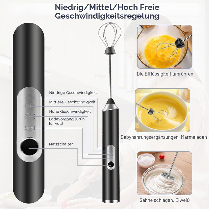 Elektrische Milchaufschäumer Stab Milchschäumer Elektrisch Wiederaufladbar mit 3 Edelstahl-Schneebes