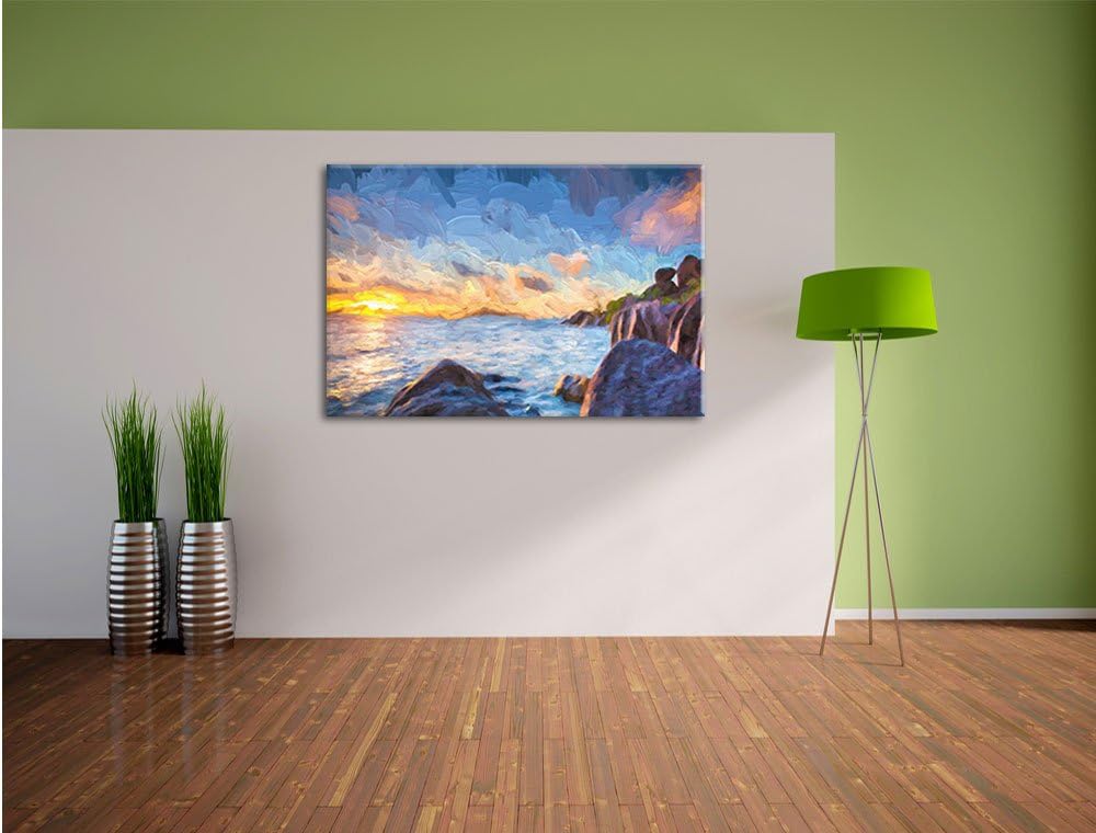 Pixxprint Sonnenuntergang Seychellen Kunst als Leinwandbild/Grösse: 100x70 cm/Wandbild/Kunstdruck/fe