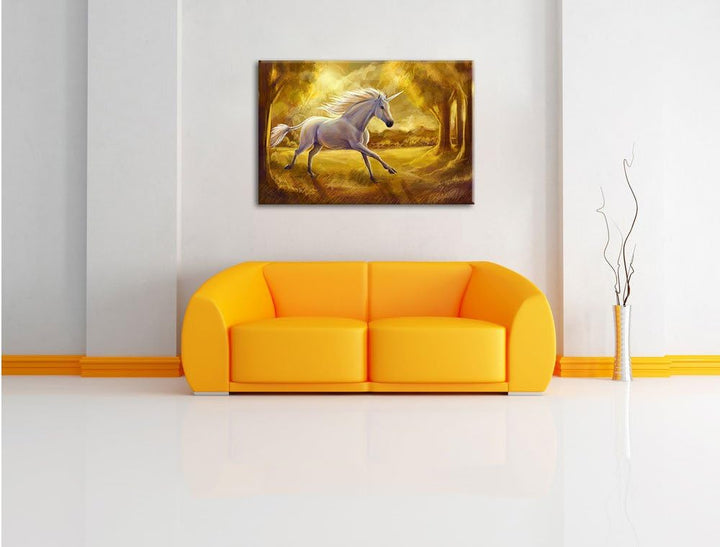 Pixxprint Einhorn im Wald / 100x70cm Leinwandbild bespannt auf Holzrahmen/Wandbild Kunstdruck Dekora