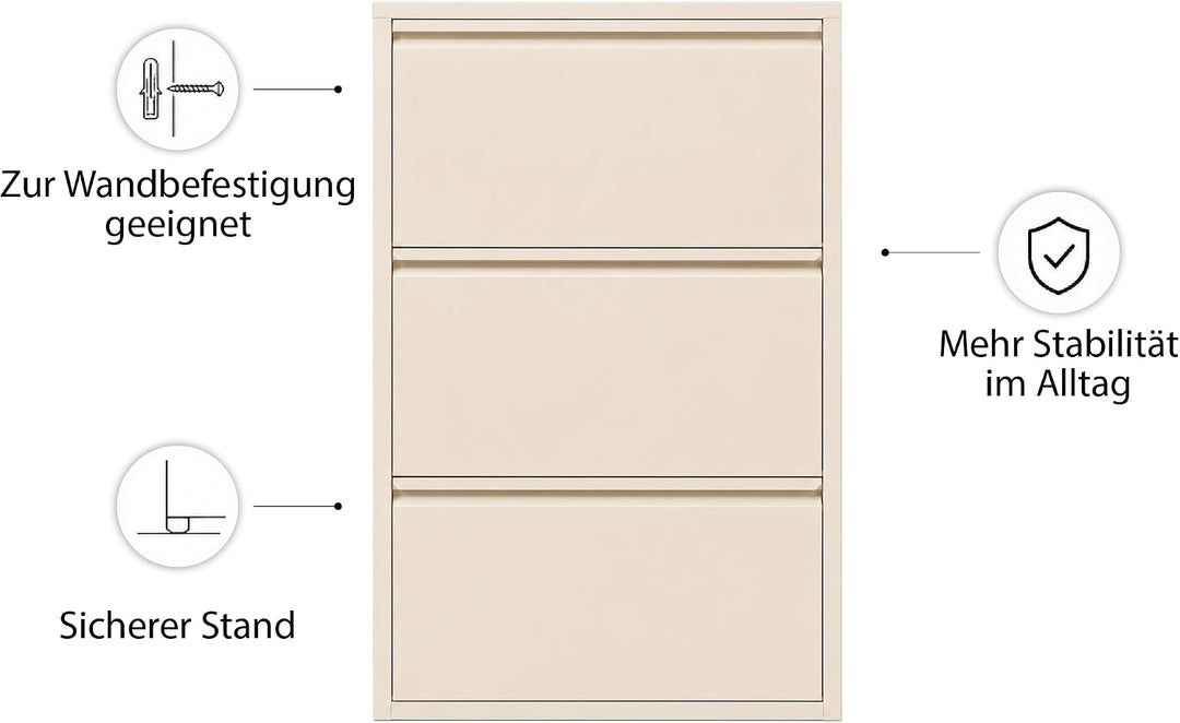Schuhschrank Schmal mit 3 Klappen, Metall, Freistehend oder Wandmontage, für Flur, Eingang &amp; Diele,