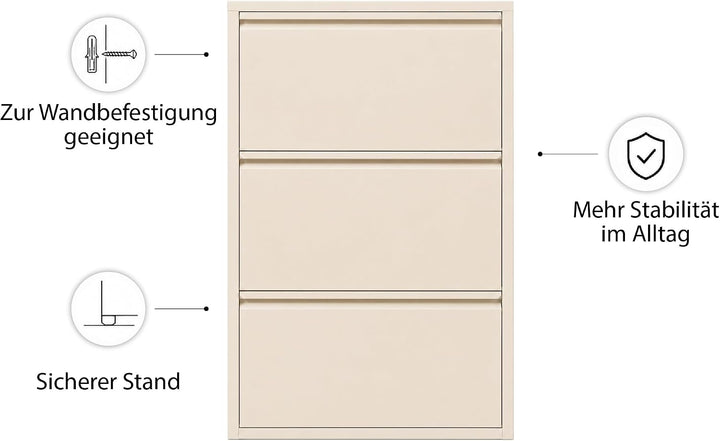 Schuhschrank Schmal mit 3 Klappen, Metall, Freistehend oder Wandmontage, für Flur, Eingang &amp; Diele,