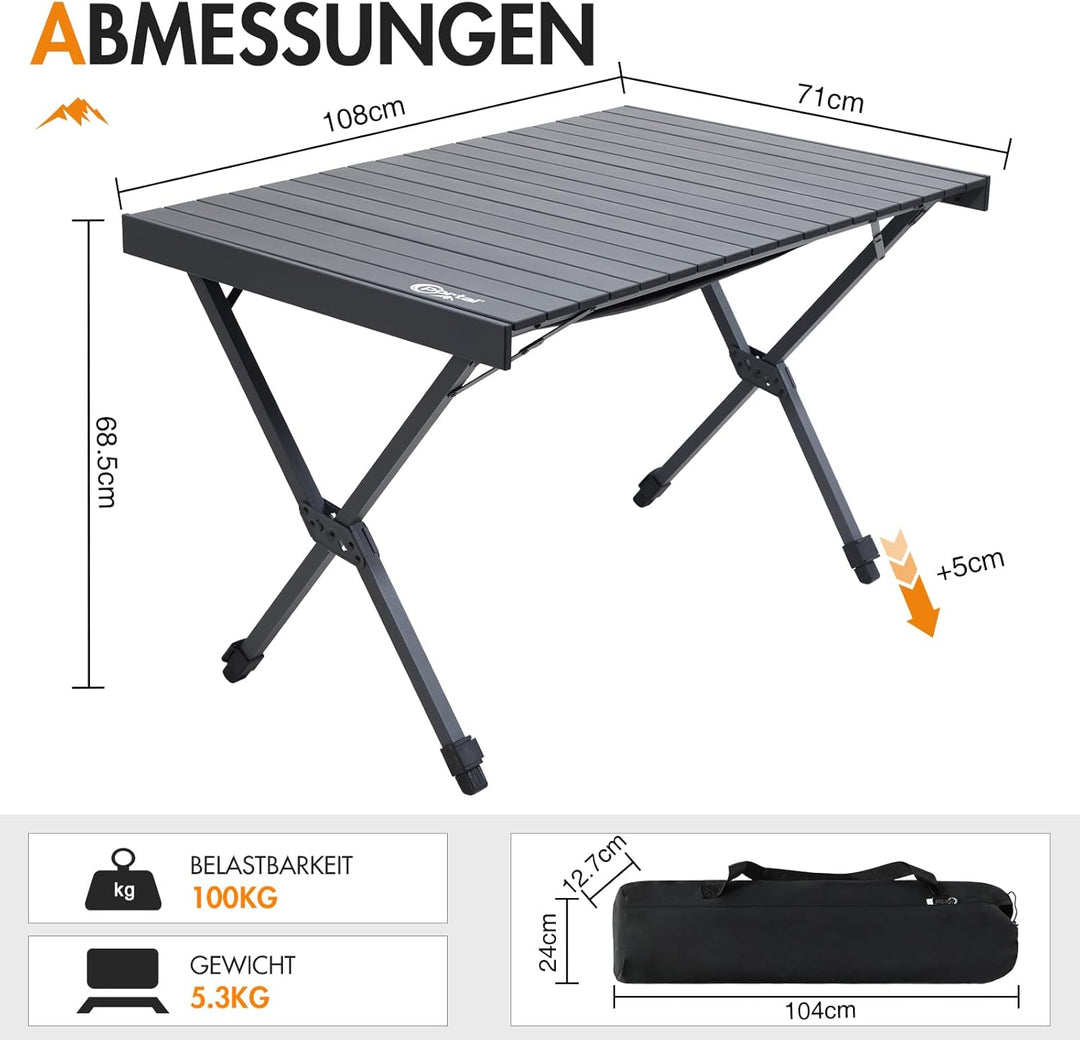 PORTAL Campingtisch faltbar Höhenverstellbar Klapptisch Aluminium 108 x 71cm rollbar Camping Tisch k