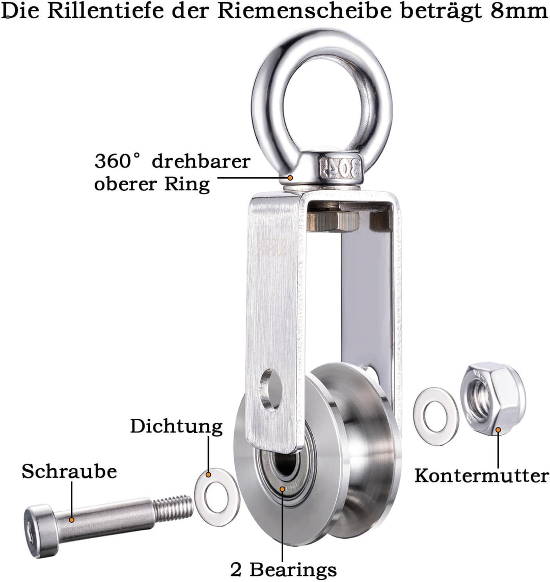 Umlenkrolle mit 2 Kugellager, Edelstahl Fitness flaschenzug, 40mm Umlenkrollen für 8mm Seile Stahlse