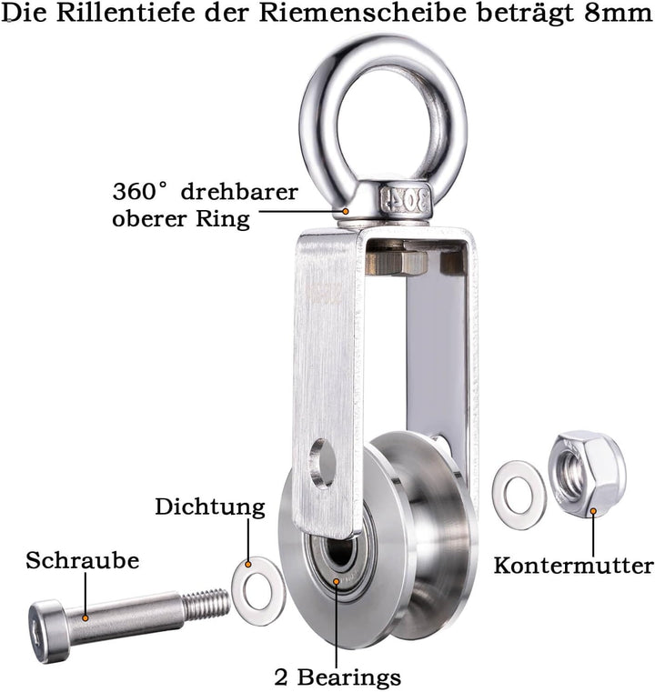 Umlenkrolle mit 2 Kugellager, Edelstahl Fitness flaschenzug, 40mm Umlenkrollen für 8mm Seile Stahlse
