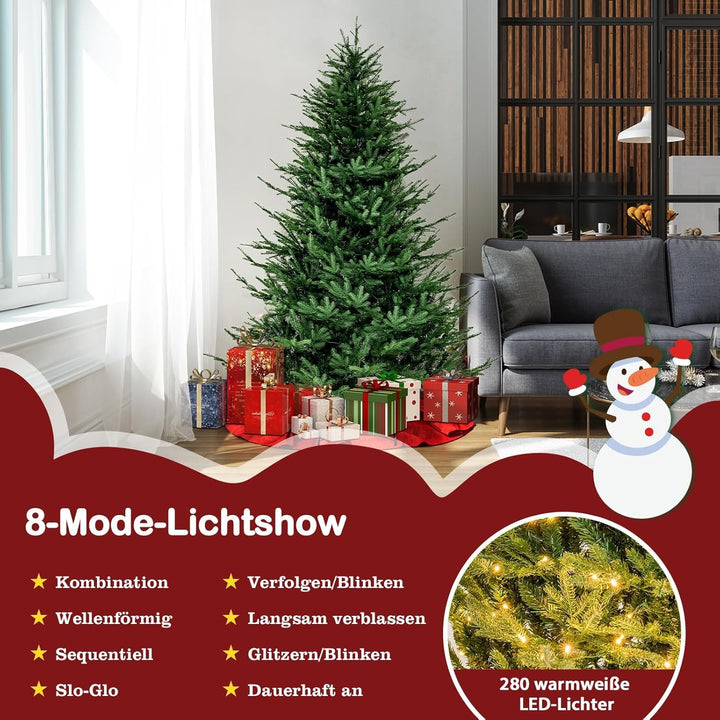 COSTWAY 180 cm Künstlicher Weihnachtsbaum beleuchtet, aufklappbarer Christbaum mit 8 Lichtmodi, 280