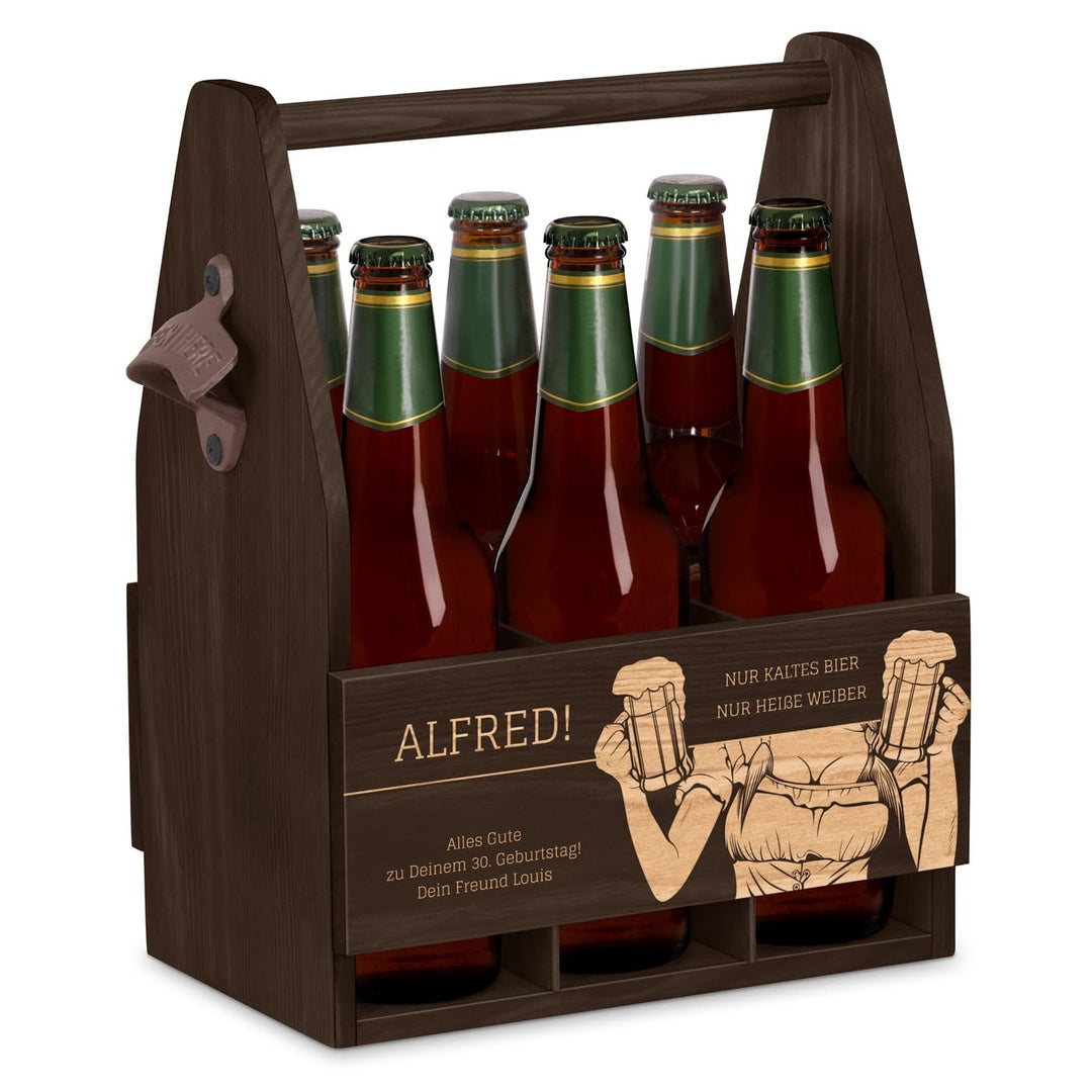 Murrano Bierträger für 6 Flaschen 0,5L mit Gravur - Männerhandtasche mit Flaschenöffner - Grösse: 25