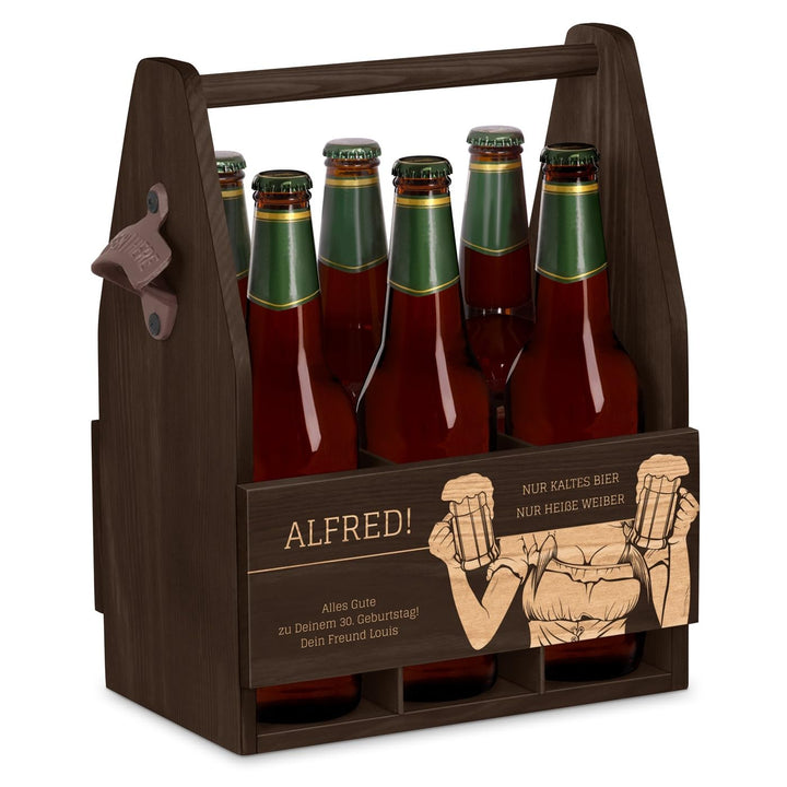 Murrano Bierträger für 6 Flaschen 0,5L mit Gravur - Männerhandtasche mit Flaschenöffner - Grösse: 25