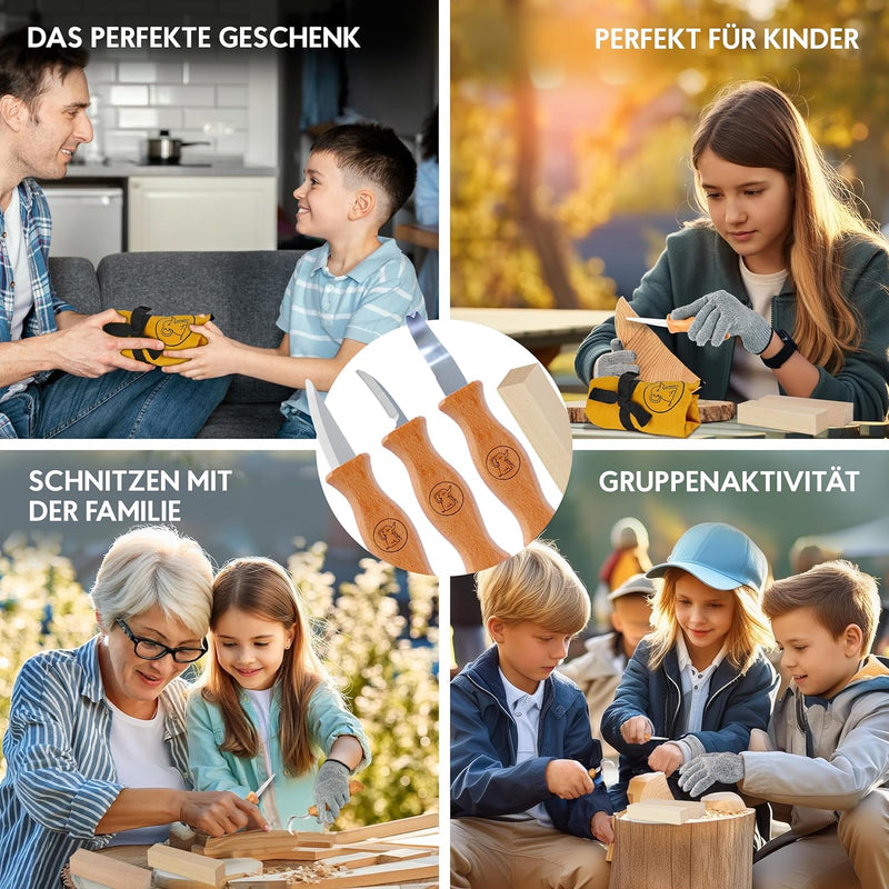 Eli® Schnitzmesser Kinder Set ab 6 Jahre - hochwertiges Kindermesser Schnitzset inkl. schnittfeste H