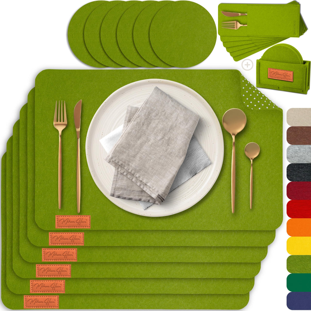 MAHEWA® 6er Set Premium Filz Tischset Platzset mit 6X Glasuntersetzer 1x Halter und 6X Bestecktasche