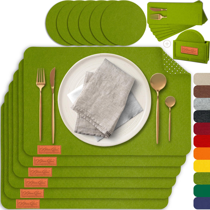 MAHEWA® 6er Set Premium Filz Tischset Platzset mit 6X Glasuntersetzer 1x Halter und 6X Bestecktasche