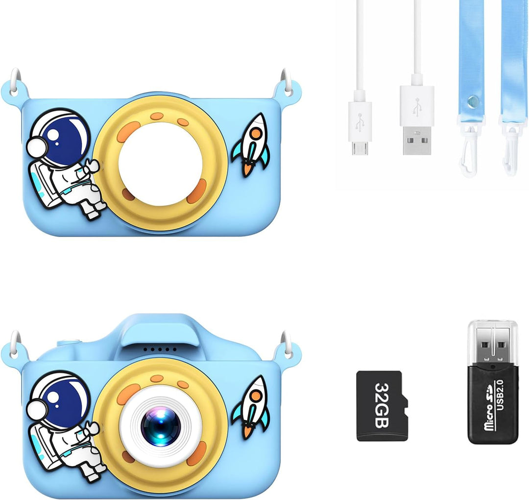 1080P HD Kinderkamera Digitalkamera für Jungen Mädchen, 2" Bildschirm, Wiederaufladbar mit 32GB SD K
