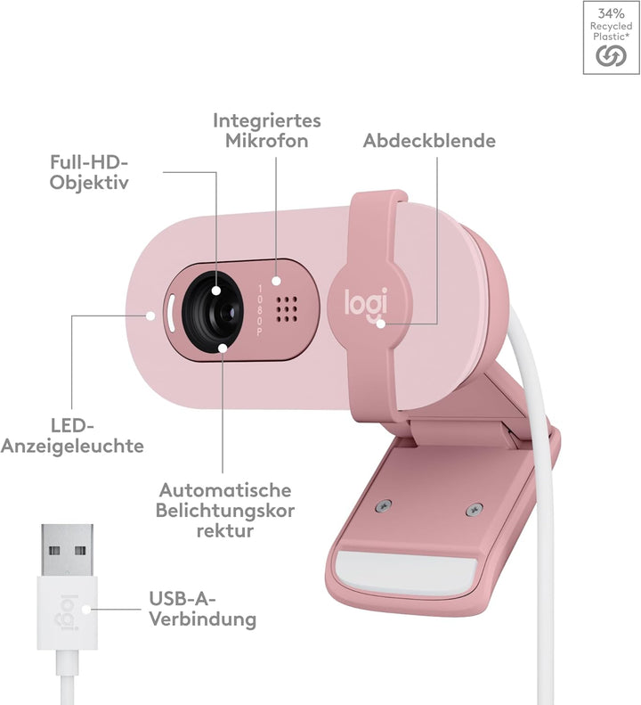 Logitech Brio 100 Full HD-Webcam für Meetings und Streaming, Auto-Lichtausgleich, integriertes Mikro