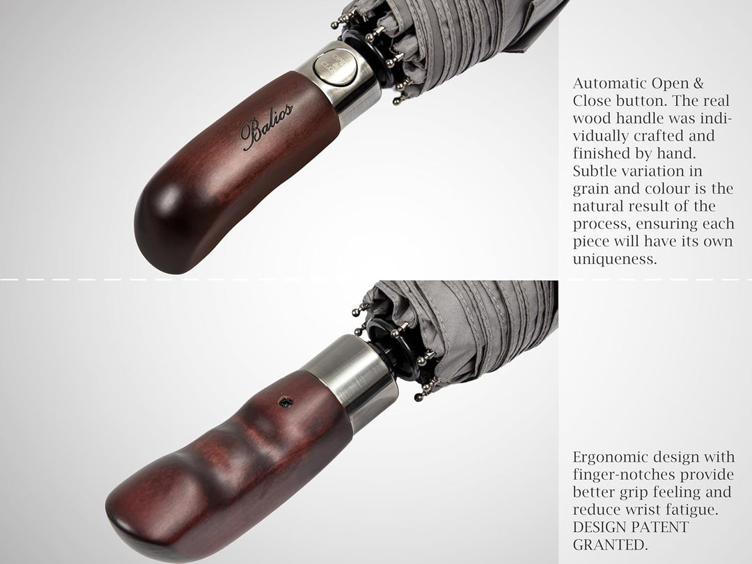 Balios® Regenschirm mit echtem Holzgriff | Auf Zu Automatik | Sturmfest & Windsicher | Damen & Herre