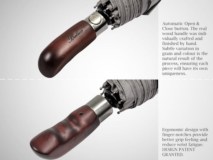 Balios® Regenschirm mit echtem Holzgriff | Auf Zu Automatik | Sturmfest & Windsicher | Damen & Herre
