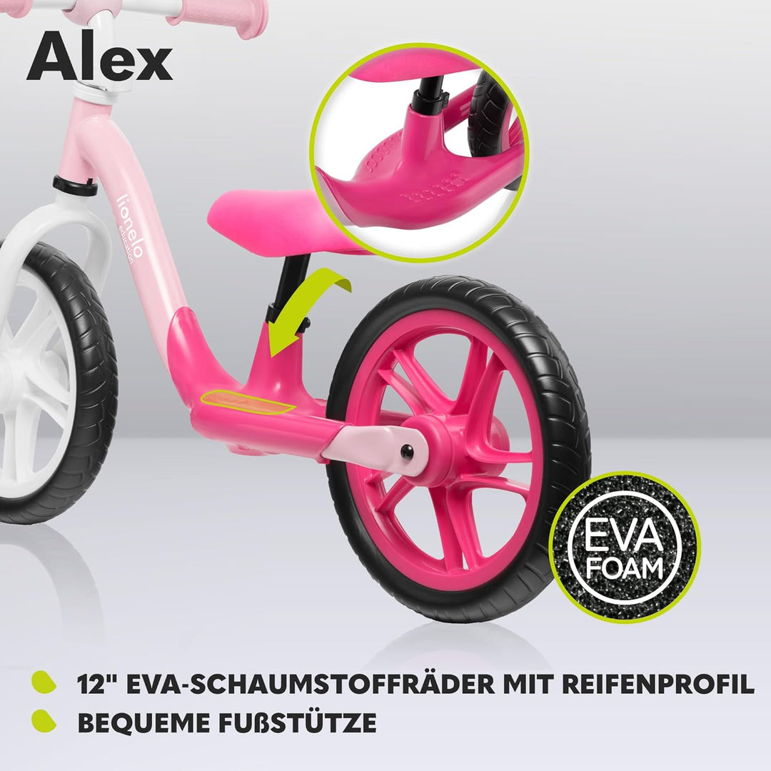 Lionelo Alex Laufrad Kinder Fahrrad bis 30 kg Sattel und Lenker einstellbar 12 Zoll Eva Schaumräder