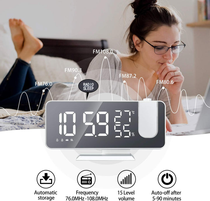 VORRINC Projektionswecker, Radiowecker Digitaler Wecker mit FM-Radio, 7" LED Spiegelbildschirm, Dual