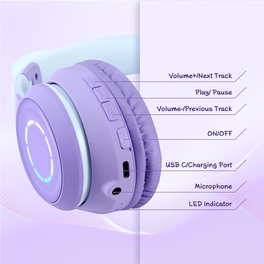 Sendowtek Kinder Kopfhörer, Mädchen Bluetooth Kopfhörer Over Ear Katze Kinderkopfhörer mit Abnehmbar