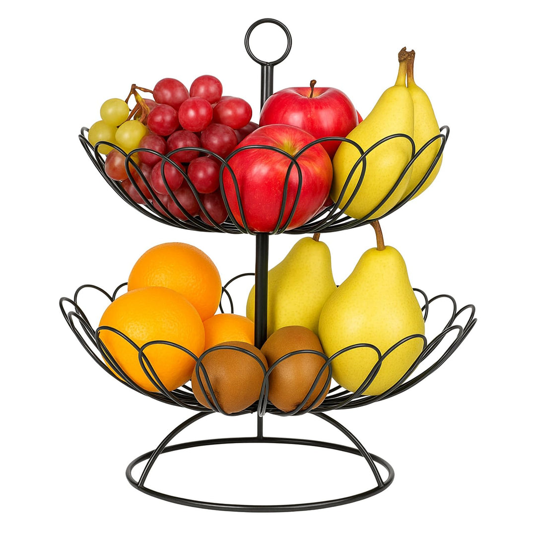 Obst Etagere Schwarz 2 Stöckig – Grosse Obstkorb Etagere aus Metall für Obst und Gemüse Aufbewahrung