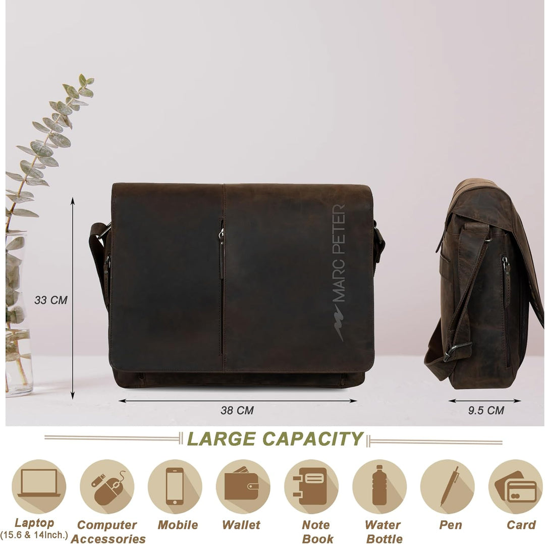 Marc Peter® Bergen leder Umhängetasche für Herren und Damen | 15.6 Zoll Laptoptasche | Aktentasche a