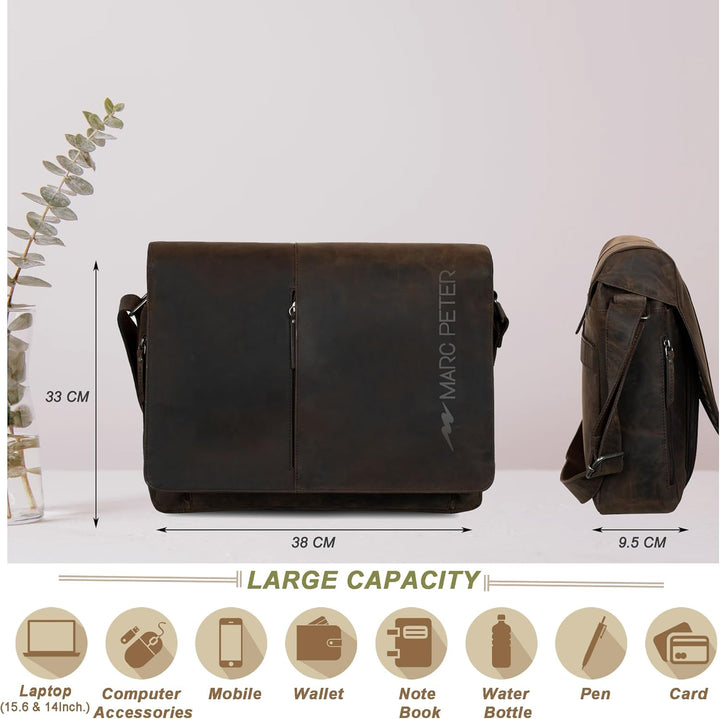 Marc Peter® Bergen leder Umhängetasche für Herren und Damen | 15.6 Zoll Laptoptasche | Aktentasche a