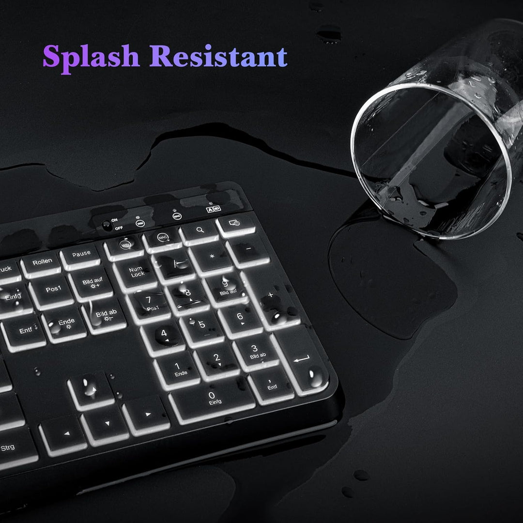 TECURS Tastatur Kabellos Gaming PC- Leise Tastatur QWERTZ Weiss Beleuchtet Ergonomisch Wasserdicht,