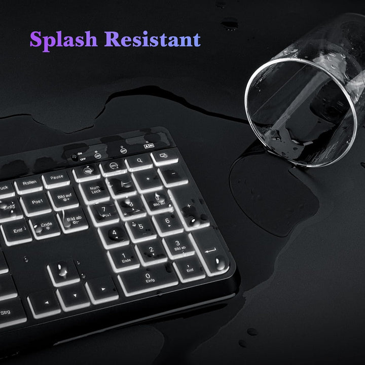 TECURS Tastatur Kabellos Gaming PC- Leise Tastatur QWERTZ Weiss Beleuchtet Ergonomisch Wasserdicht,