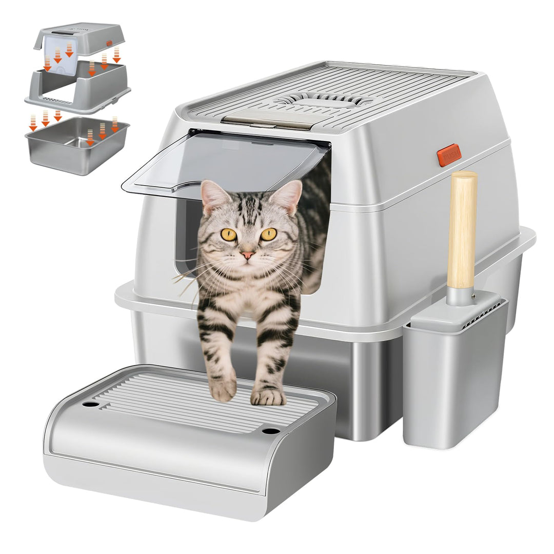 Edelstahl Katzenklo XXL 37L – Geschlossene Katzentoilette für grosse Katzen, mit 120° Klappdeckel, T