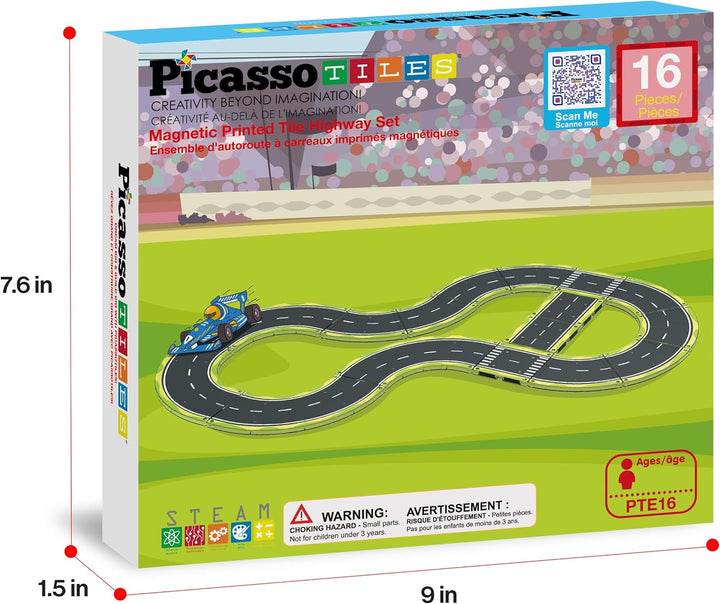PicassoTiles Magnetfliese, Autostrecke, Abenteuerthema, Bedruckt, Strasse, Landebahn, Rennstrecke, A