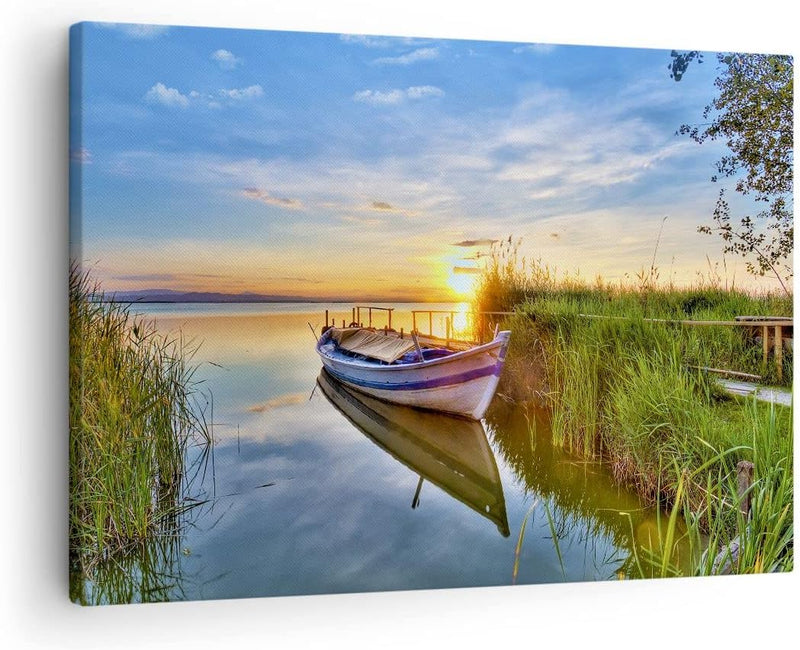 Bilder auf Leinwand See Boot Wasser Leinwandbild mit Rahmen 70x50cm Wandbilder Dekoration Wohnzimmer