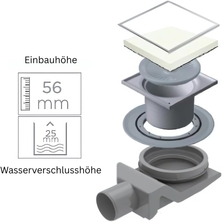Confluo Bodenablauf Punktablauf 15x15 cm Weiss Glas Abdeckung – wählbare Abdeckungen u. Ablaufgarnit