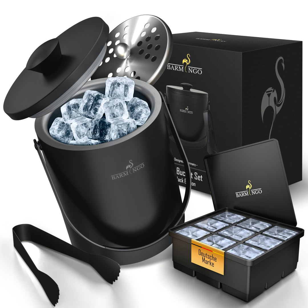 Edelstahl Eiswürfelbehälter mit Deckel - 2l Eiskübel/Eisbehälter für Eiswürfel mit Sieb, Eiswürfelfo